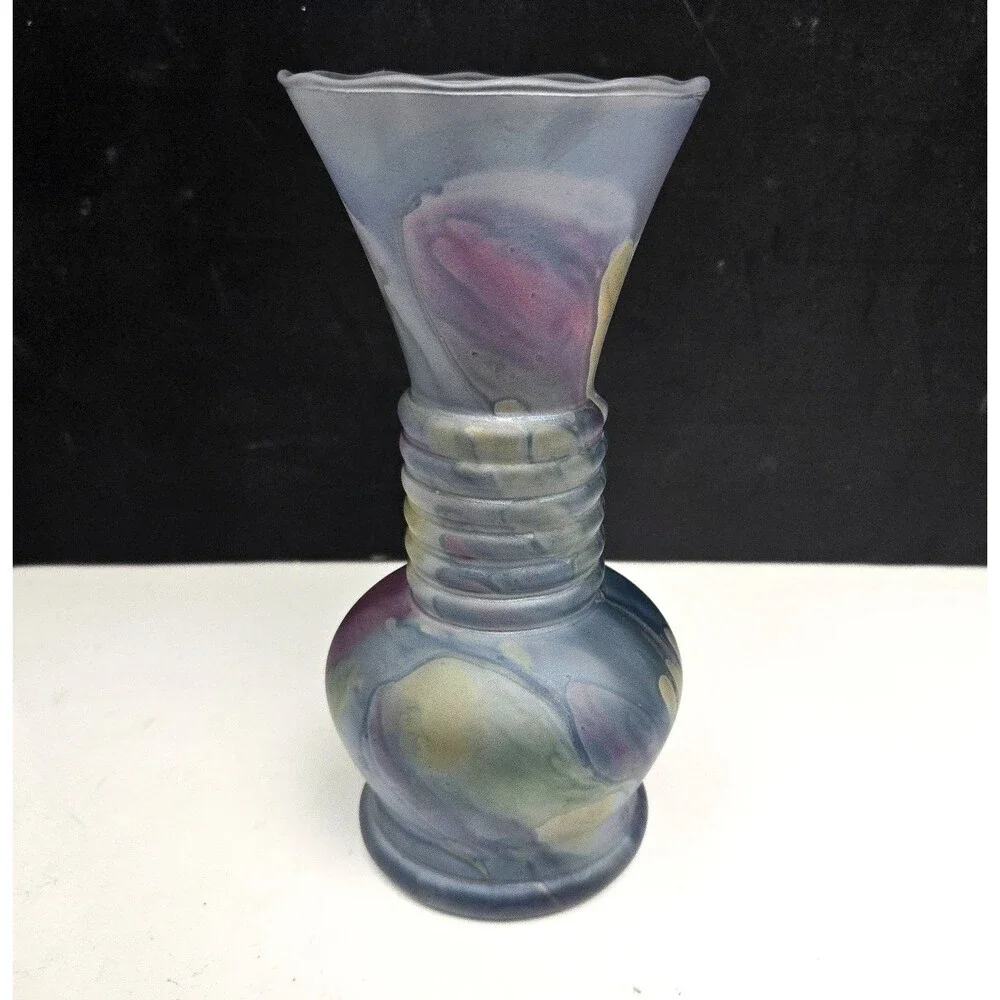 Rueven Nouveau Art Hand Painted Drip Satin Glass Vase w/ Applied Glass Swirl - Picture 5 of 11